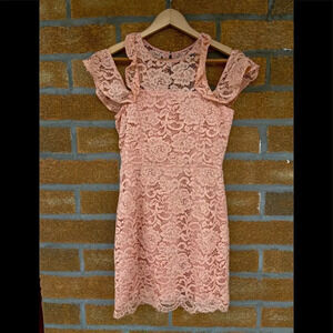NBD Peach Allover Lace Cold Shoulder Dress small